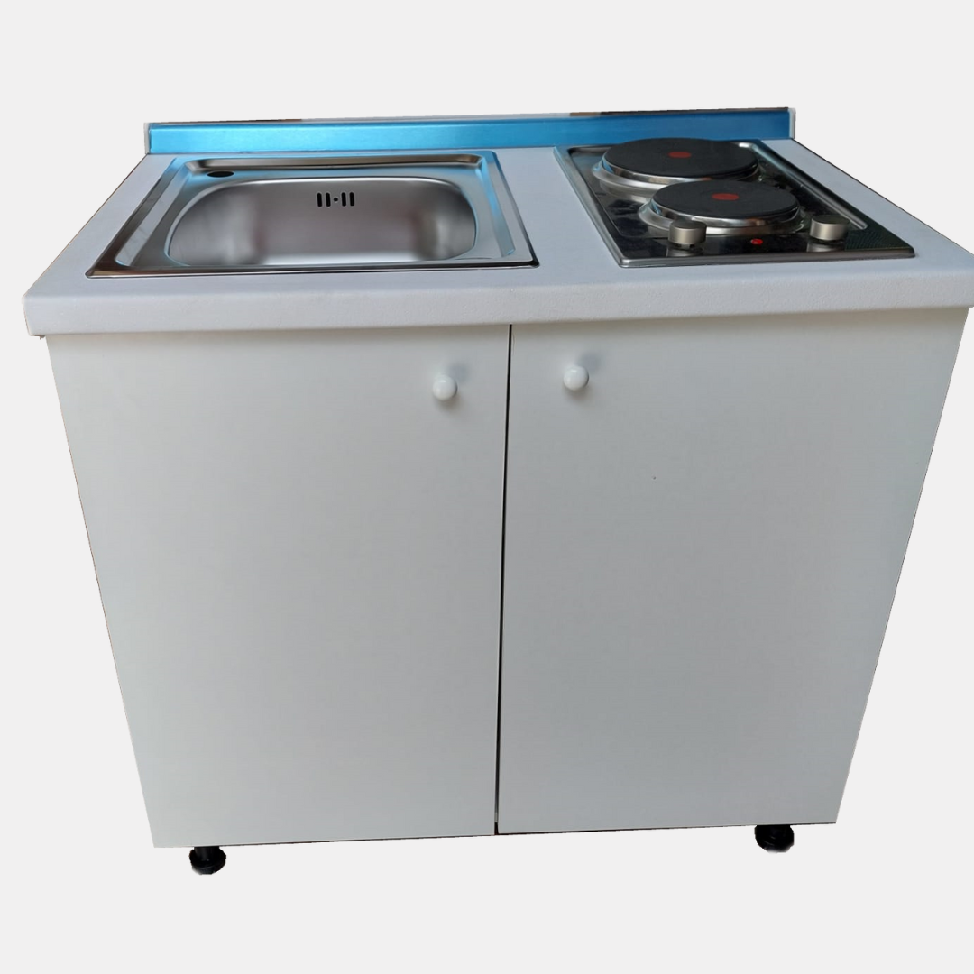 Minicucina compatta 90 cm con lavello monovasca e piano cottura 2 piastre elettriche - vista frontale - tutto bianco opaco 