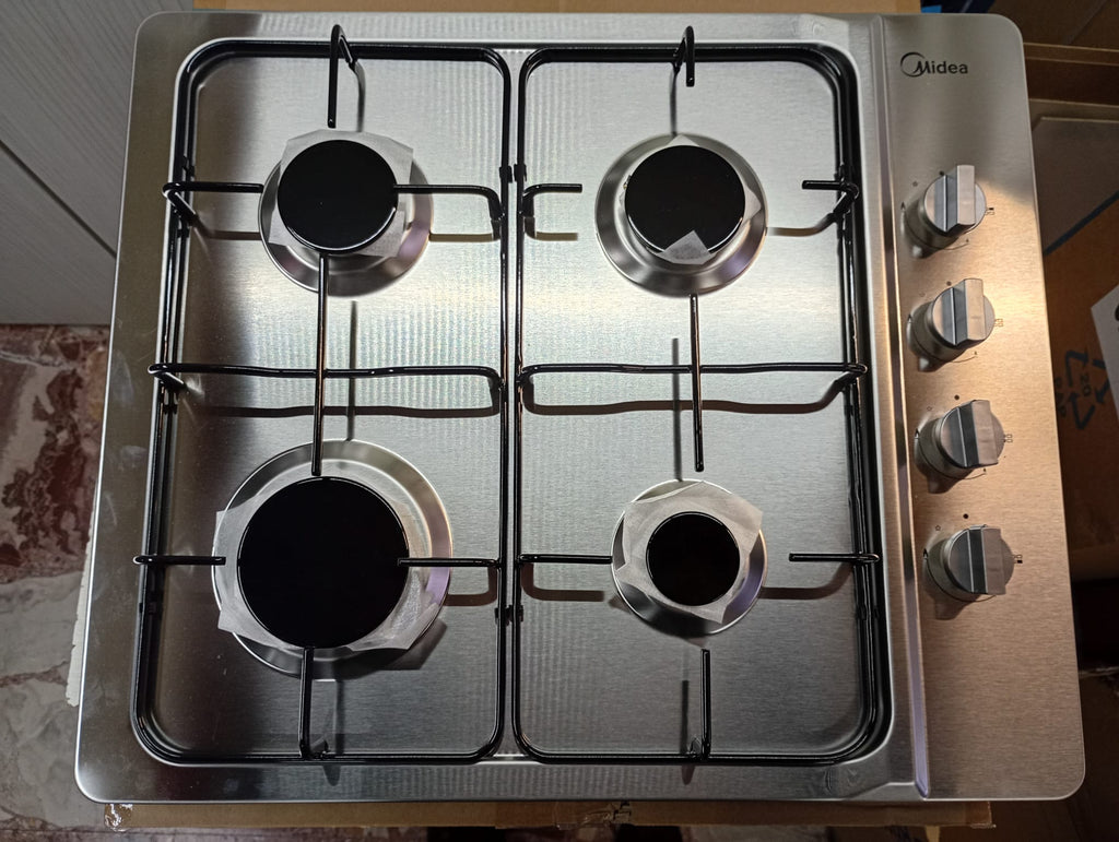 piano cottura midea con comandi laterali griglie smaltate con alvola sicurezza gas in acciaio inox satinato foto frontale